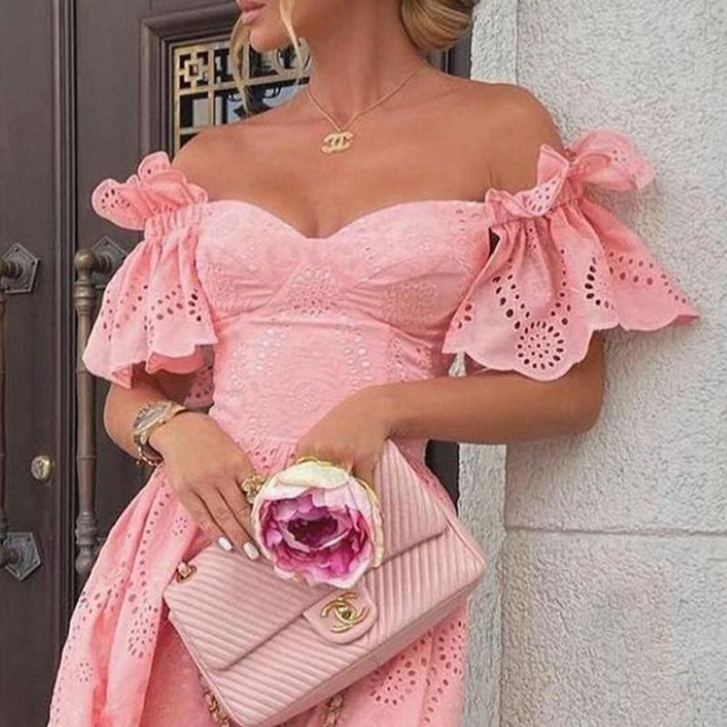 Summer Women Embroidery Party Dress Off Shoulder Short Sleeve Slash Neck Pink Tunic Beach Dress