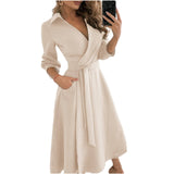 Spring Summer Lady Cover Up Women&#39;s Shirt Dress Wave Print Long Sleeve V-Neck Casual Loose Holiday Midi Dress Plus Size