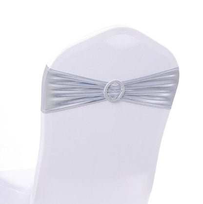 HULIANFU Wedding Spandex Chair Sash Hot Sale Shiny Metallic Lycra Bands Ribbon With Round Buckle Birthday Party Hotel Decoration