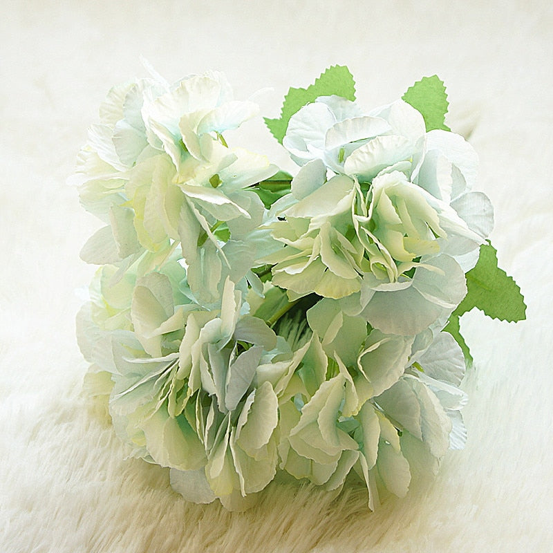 HULIANFU 2023 5 Head Hydrangea Artificial Flowers Bouquet White Small Silk Fake Flowers Floral Faux Flowers Blue Wedding Home Party Decoration