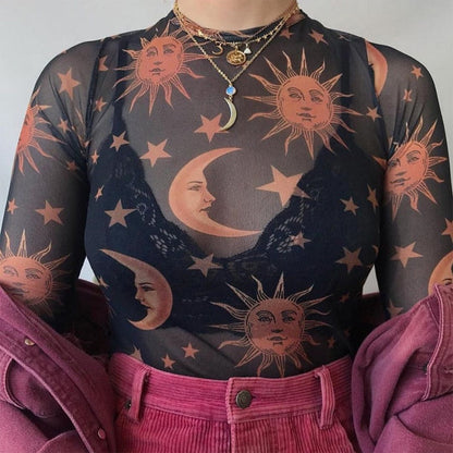 Hulianfu Sun Moon Printed Transparent Mesh Sexy T-Shirt Women O-Neck Long Sleeve Slim Basic Casual Female Tops Spring New