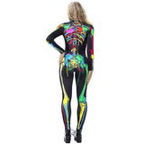 Scary Halloween Skeleton Bone Print Costume Adult Women Horror Carnival Blood Catsuit Jumpsuit X Ray Long Sleeves Bodysuit