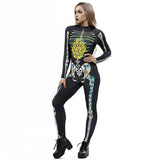 Scary Halloween Skeleton Bone Print Costume Adult Women Horror Carnival Blood Catsuit Jumpsuit X Ray Long Sleeves Bodysuit