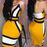 Strip Camis Dress Women Sexy Geometric Figure Yellow Strap Bodycon Casual Deep V Neck Boho Resort High Waist Club Party Dress