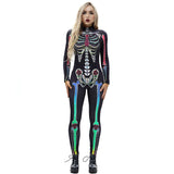 Scary Halloween Skeleton Bone Print Costume Adult Women Horror Carnival Blood Catsuit Jumpsuit X Ray Long Sleeves Bodysuit