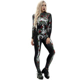 Scary Halloween Skeleton Bone Print Costume Adult Women Horror Carnival Blood Catsuit Jumpsuit X Ray Long Sleeves Bodysuit