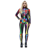 Scary Halloween Skeleton Bone Print Costume Adult Women Horror Carnival Blood Catsuit Jumpsuit X Ray Long Sleeves Bodysuit