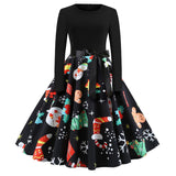 Winter Christmas Dresses Women 50S 60S Vintage Robe Swing Pinup Elegant Party Dress Long Sleeve Casual Plus Size Print Black