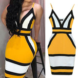 Strip Camis Dress Women Sexy Geometric Figure Yellow Strap Bodycon Casual Deep V Neck Boho Resort High Waist Club Party Dress