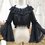Ladies Sweet Lolita Lace Blouse Neverland Chiffon Loose Layered Crop Tops Victoria Costume Long Bell Sleeves For Women Oversize
