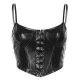 FUFUCAILLM Women's Corset Sexy Low-cut Bustier Sling PU Crop Top Punk Rock Style Camisole Club Party Outfits Casual Streetwear