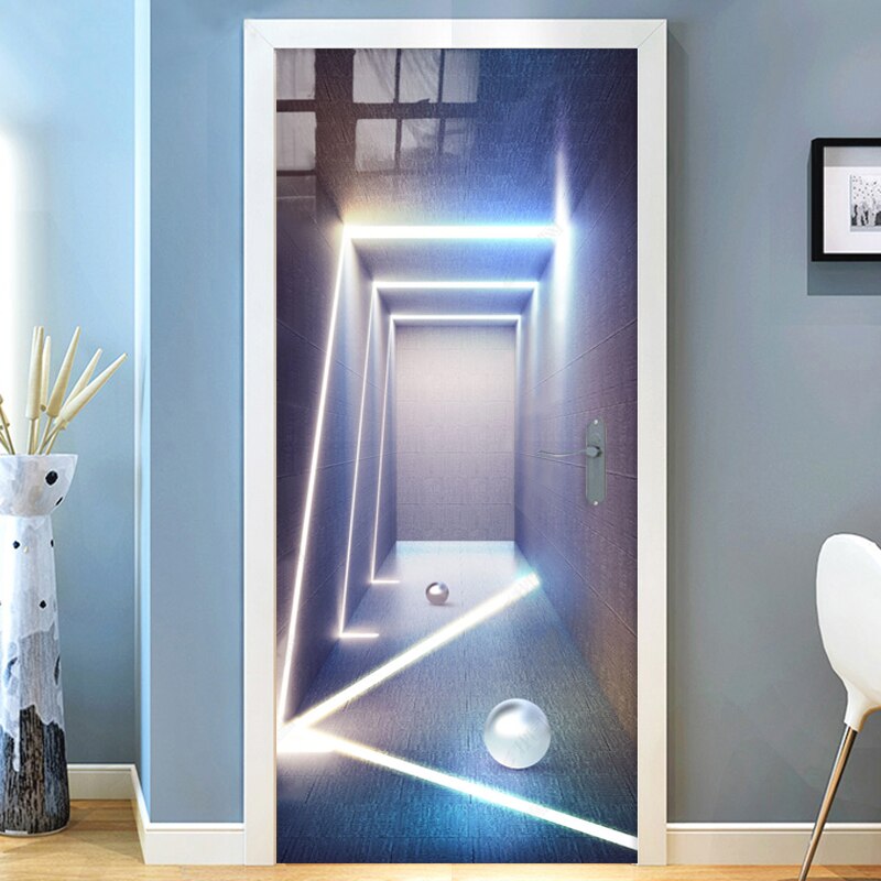 HULIANFU  PVC Self-Adhesive Door Sticker 3D Stereo Corridor Light Mural Wallpaper Living Room Restaurant Door Decal 3D Vinyl Wall Stickers