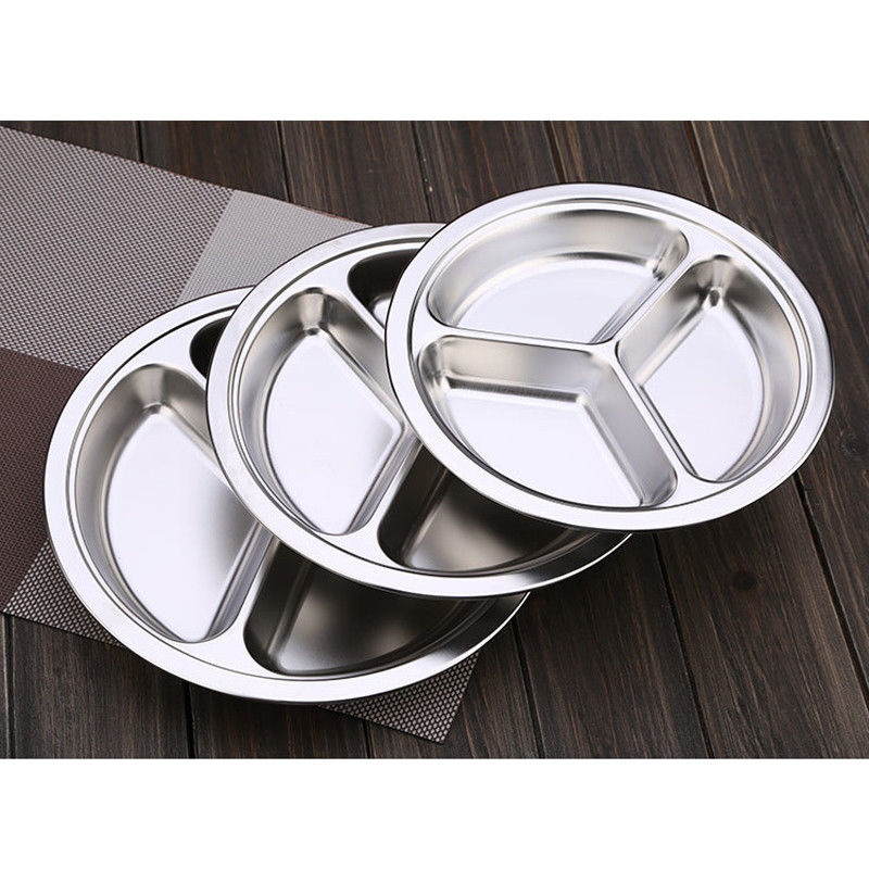 HULIANFU Stainless Steel Dinner Plate 3 Sections Round Divided Dish Children Fruit Snack Tray Baby Bowls Kitchen Tableware Dia 22/24/26cm