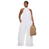 hulianfu Women  Sleeveless High Neck Fashion Sexy Solid Color Casual Chiffon Loose Temperament One-Piece Pants Jumpsuit