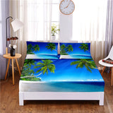 HULIANFU Sunset Beach Digital Printed 3pc Polyester  Fitted Sheet Mattress Cover Four Corners with Elastic Band Bed Sheet Pillowcases