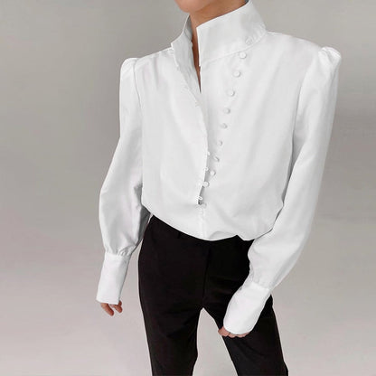 Hulianfu Elegant Turtleneck Blouse Long Sleeve White Shirt Office Ladies Top Casual Solid Single-Breasted Puff Sleeve Womens Blouses