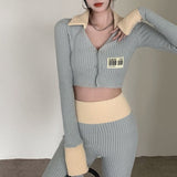 Korean Fashion Simple Casual Two Piece Tracksuit Women Crop Top + Pants Suits Autumn Winter 2 Piece Pants Sets Trousers Suits