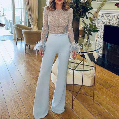 Hulianfu Elegant Bodycon Jumpsuit Women Slim Fit Straight Sequins Feather Stitching Long Sleeves Spring Romber Lady Party Sexy Playsuit