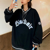 Green Vintage Letters Embroidered Crewneck Sweatshirt Women Winter Tops Oversized Girls Streetwear New Korean Fashion Pullovers