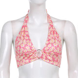 Pink Heart Print Cute Bustier Crop Top Women Y2K Aesthetic Kawaii Clothes Sleeveless Backless Lace Up Bralette Camisole