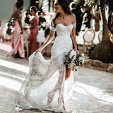 hulianfu Simple Boho Mermaid Lace Wedding Dresses Ivory Off the Shoulder Trumpet Bohemian Bridal Gowns Long Beach Bride Dresses