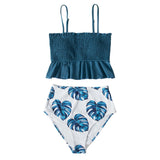 Smocked Blue Leaves Print Bikini Sets Women Ruffle High-waist Tankini Two Pieces Swimsuits Girl Boho Bathing Suits