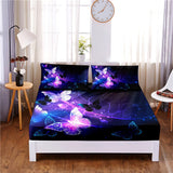 HULIANFU Purple Butterfly Digital Printed 3pc Polyester  Fitted Sheet Mattress Cover Four Corners with Elastic Band Bed Sheet Pillowcases