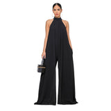 hulianfu Women  Sleeveless High Neck Fashion Sexy Solid Color Casual Chiffon Loose Temperament One-Piece Pants Jumpsuit