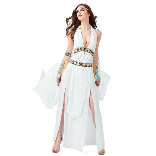 Halloween Greek Roman Goddess Costume Sexy Women Halter Neck Gown Slit Dress For Adult