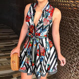 hulianfu Sexy Women Deep V-neck Shirt Dress Summer Sleeveless Chain Print Mid-calf Dresses Laides Lace Up Party Dresses Clubwear