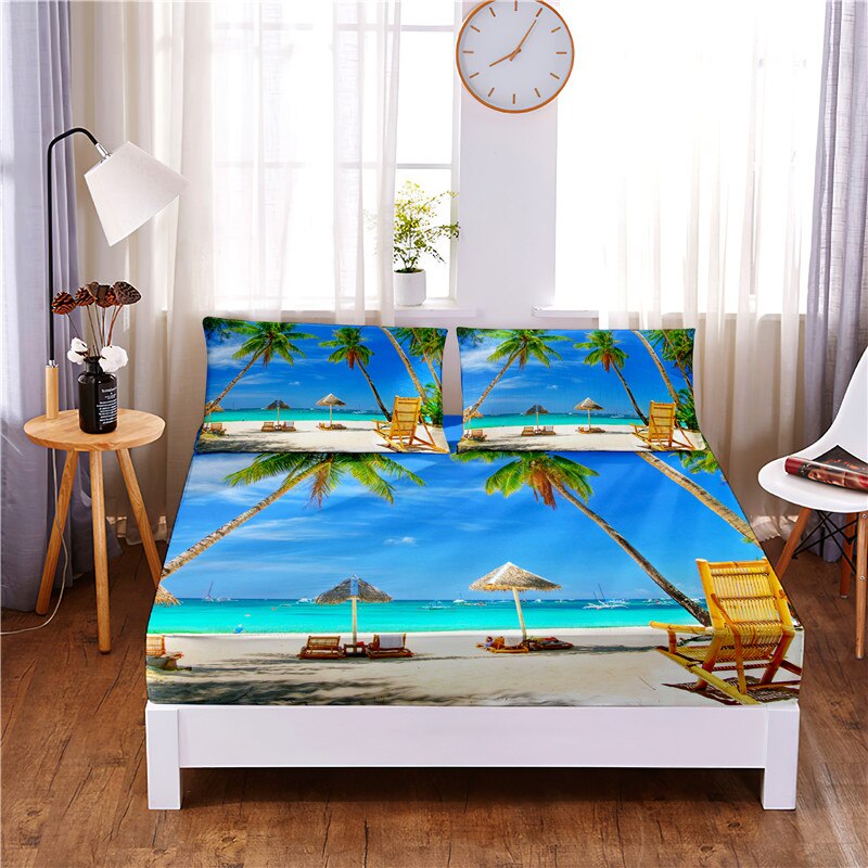 HULIANFU Sunset Beach Digital Printed 3pc Polyester  Fitted Sheet Mattress Cover Four Corners with Elastic Band Bed Sheet Pillowcases