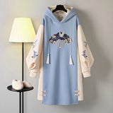 Chinese Style Hooded Stitching Vestido Cheongsam Embroidery Sweatshirt Dress Spring Autumn Women Buckle Thick Harajuku Dresses