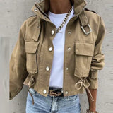 hulianfu  Women Casual Stand Neck Solid Buckle Coat Fashion Street Style Outwear Elegant Single Breasted Short Coat Autumn Winter Jackets