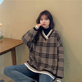 Oversized Hoodie Plaid Pullovers V-Neck Long Sleeve Top Women Loose Korean Fashion Clothing Harajuku Sweatshirt Women Clothing