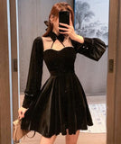 Vintage Velvet Black Dress Stand Neck Lantern Sleeve Party Dress High Waist Slim Vestidos Korean Elegant Dresses Women