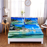 HULIANFU Sunset Beach Digital Printed 3pc Polyester  Fitted Sheet Mattress Cover Four Corners with Elastic Band Bed Sheet Pillowcases