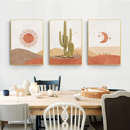 HULIANFU Nordic Desert Boho Canvas Prints Cactus Wall Art Abstract Landscape Sun and Moon Scene Wall Picture for Living Room Home Decor