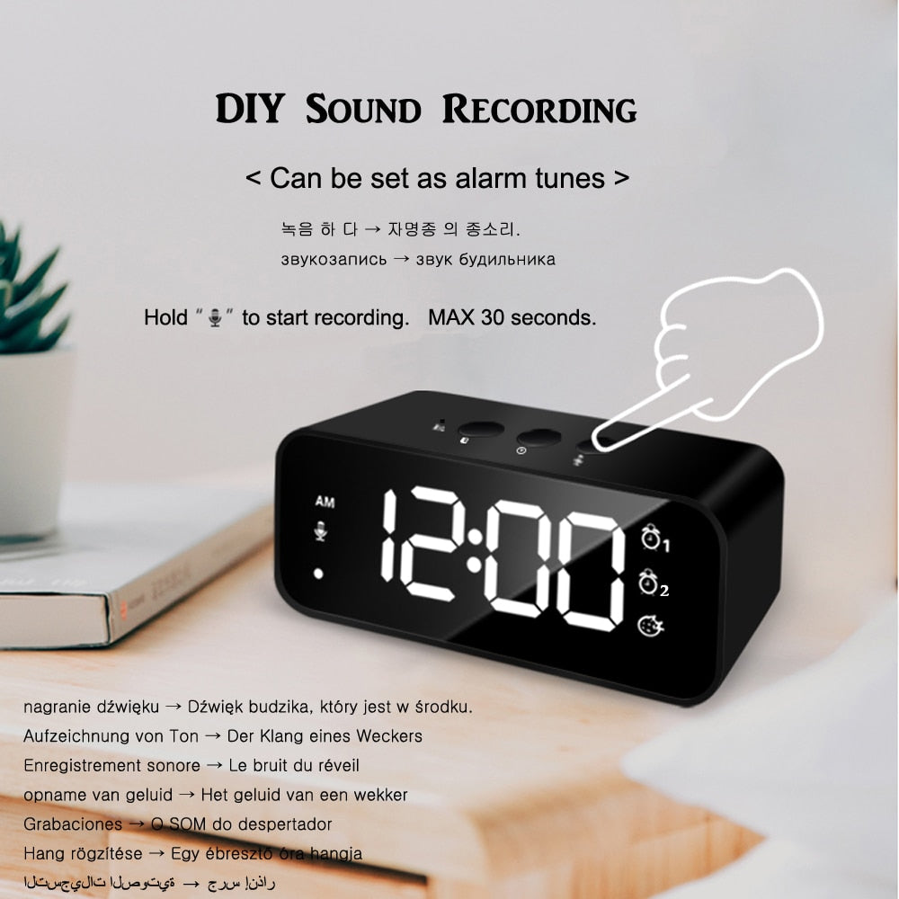 HULIANFU Rechargeable DIY Sound Recording LED Mirror Music Clock with Dual Alarms and Snooze Bedroom Decor Desk Table Phone Charger Clock