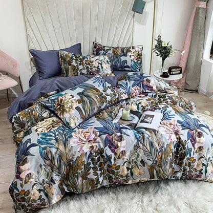 HULIANFU Tropical Leaves Flowers Duvet cover set Silky Soft 100%Egyptian Cotton Bedding set Queen King Bed sheet Quilt Cover Pillowcases