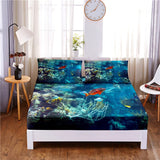 HULIANFU Seafloor Animals Digital Printed 3pc Polyester  Fitted Sheet Mattress Cover Four Corners with Elastic Band Bed Sheet Pillowcases
