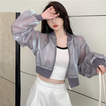 Hulianfu Jackets Women Cropped Thin Summer Zipper Pure Color Cool Simple Outwear Sun Protection Outdoor Fashion Ladies Leisure Popular