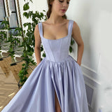 hulianfu Chic Purple A-Line Long Satin Prom Dress With Pockets Sexy Square neck Lace-Up Corset Evening Gowns Saudi Arabia Party Dress