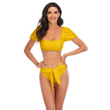 Sexy Bikini Solid Color Tankini Sport Bandeau Swimsuit Short Sleeve Summer High Waist Cut Backless Bathing Suit Beachwear