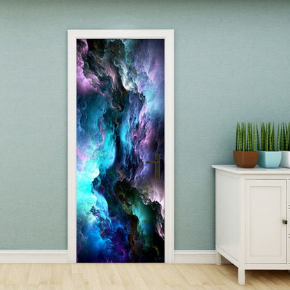 HULIANFU PVC Material Self-adhesive Door Stickers Art Colorful Light Tie-dye Blooming Abstract Home Decor Poster Door Decoration Stickers