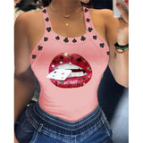 Tank Tops Women U Neck Letter Print Lips Vest Summer Ladies Harajuku Shirts Slim Fit Polyester Sleeveless Top Tshirts
