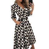 Spring Summer Lady Cover Up Women&#39;s Shirt Dress Wave Print Long Sleeve V-Neck Casual Loose Holiday Midi Dress Plus Size