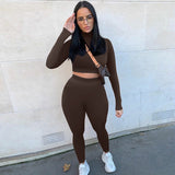 hulianfu Two Piece Sets Women Solid Autumn Tracksuits High Waist Stretchy Sportswear Hot Crop Tops And Leggings Matching Outfits