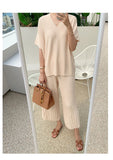 Summer Korean Fashion Casual Knitted Two Piece Set Women Loose Pullover Sweater Tops + Wide Leg Pants Suits Knitwear 2 Piece Set