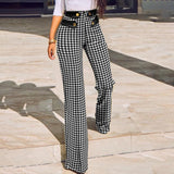 hulianfu Women Buttoned High Waist Wide Leg Tailored Pants Spring Casual Ladies Plaid Long Pencil Pants Elegant Trousers Overalls