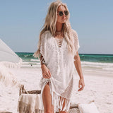 hulianfu New Knitted Beach Cover Up Women Bikini Swimsuit Cover Up Hollow Out Beach Dress Tassel Tunics Bathing Suits Cover-Ups Beachwear